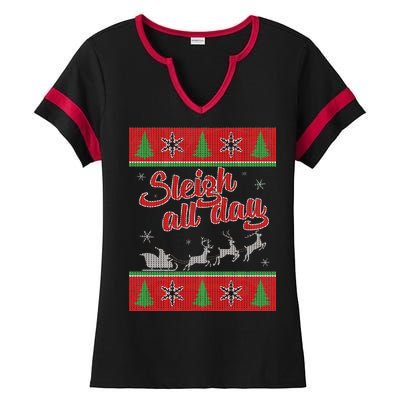 Sleigh All Day Ugly Christmas Ladies Halftime Notch Neck Tee