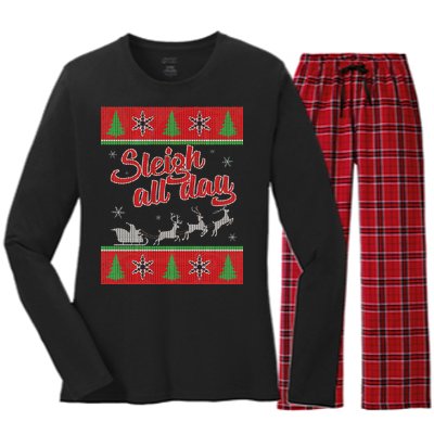 Sleigh All Day Ugly Christmas Women's Long Sleeve Flannel Pajama Set 