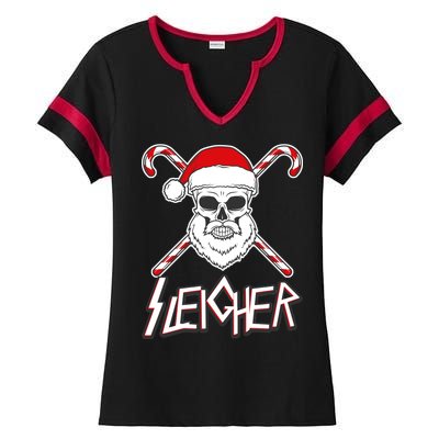 Sleigher Santa Candy Cane Skull Ladies Halftime Notch Neck Tee