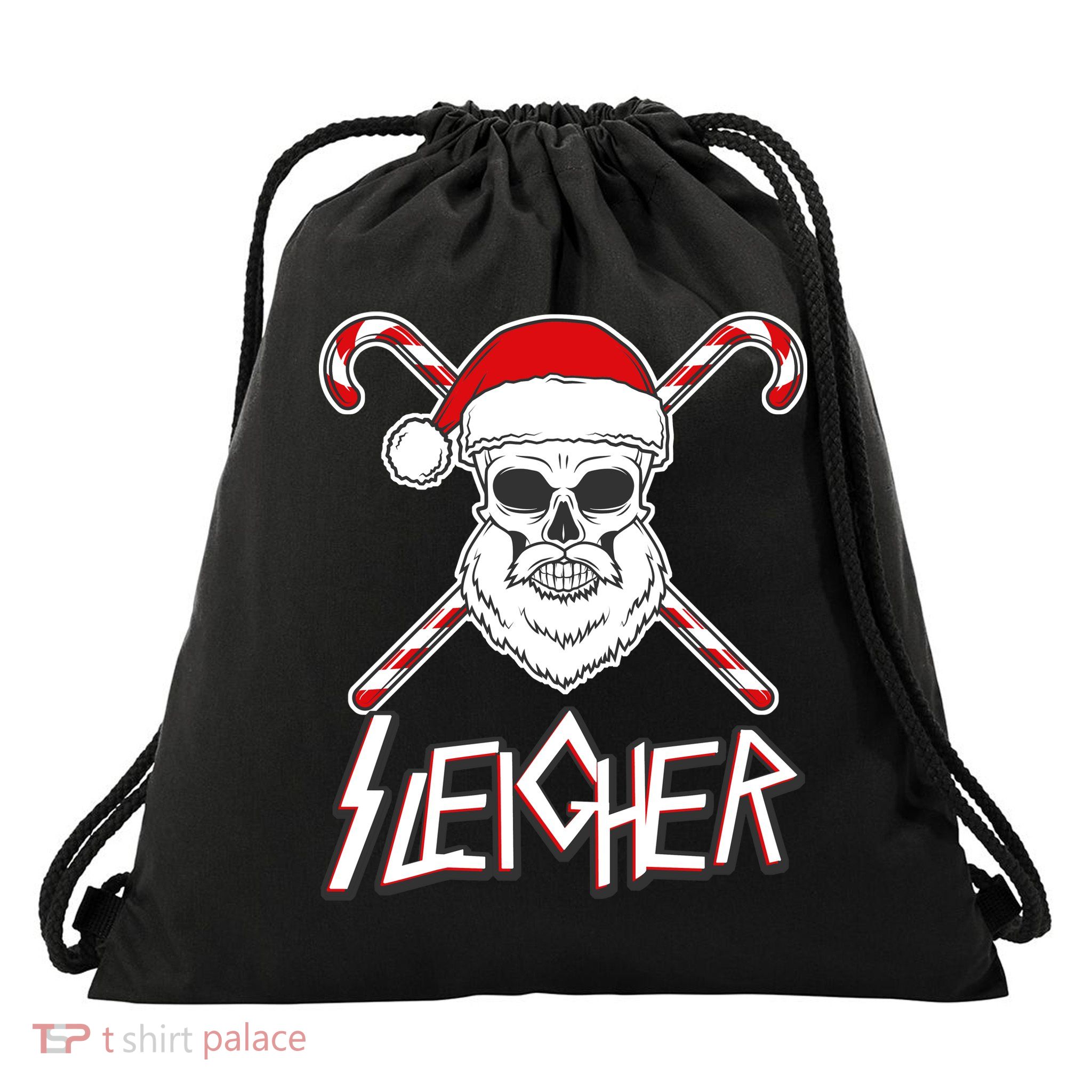 Sleigher Santa Candy Cane Skull Drawstring Bag