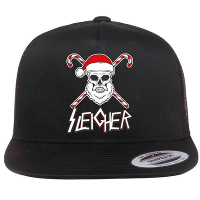 Sleigher Santa Candy Cane Skull Flat Bill Trucker Hat