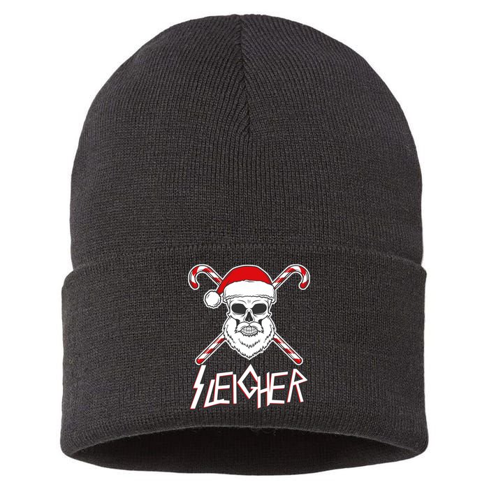 Sleigher Santa Candy Cane Skull Sustainable Knit Beanie