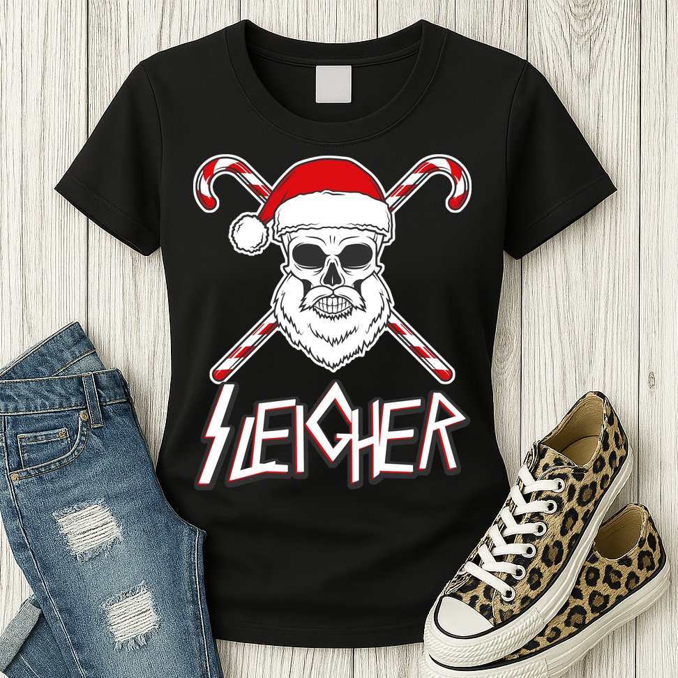 Sleigher Santa Candy Cane Skull Womens T-Shirt