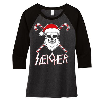 Sleigher Santa Candy Cane Skull Women's Tri-Blend 3/4-Sleeve Raglan Shirt