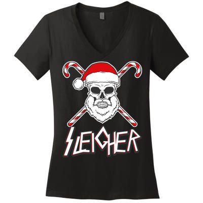 Sleigher Santa Candy Cane Skull Women's V-Neck T-Shirt