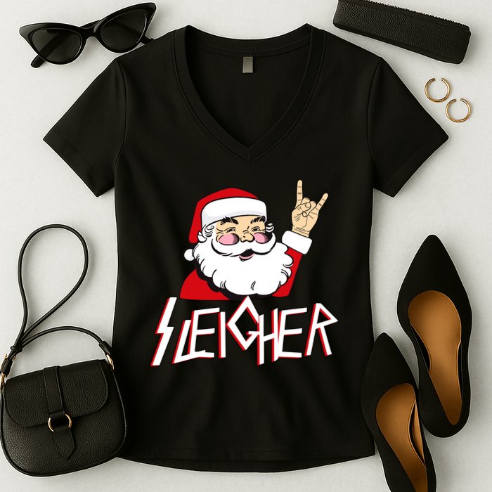 Sleigher Santa Rocks Women's V-Neck T-Shirt