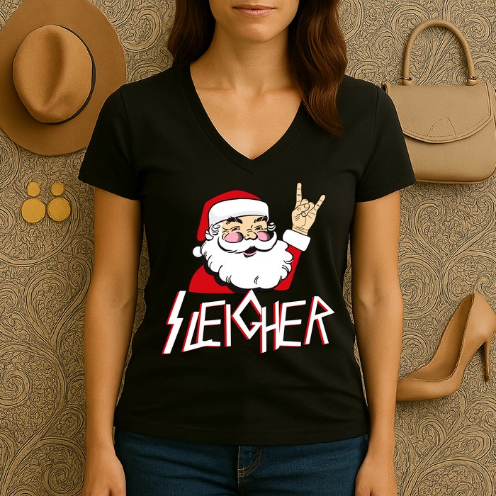 Sleigher Santa Rocks Women's V-Neck T-Shirt