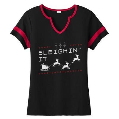 Sleighin It Ugly Christmas  Ladies Halftime Notch Neck Tee