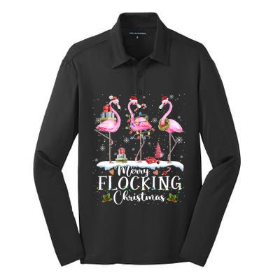 Santa Light Flamingo Snow Merry Flocking Christmas Pajamas Cool Gift Silk Touch Performance Long Sleeve Polo