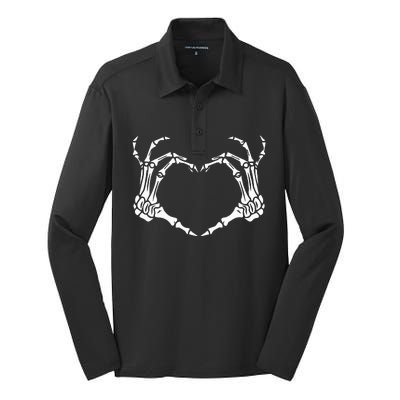 Spooky Love Funny Skeleton Hand Heart for Halloween Silk Touch Performance Long Sleeve Polo