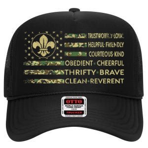 Scout Leader Funny Scout Camping Camo Us America High Crown Mesh Back Trucker Hat