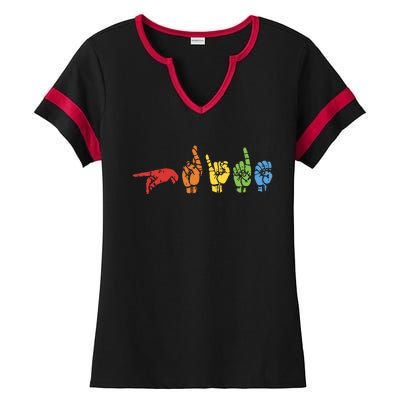 Sign Language Funny Rainbow Flag Gay LGBT Deaf ASL Mute Gift Ladies Halftime Notch Neck Tee