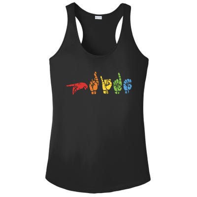 Sign Language Funny Rainbow Flag Gay LGBT Deaf ASL Mute Gift Ladies PosiCharge Competitor Racerback Tank