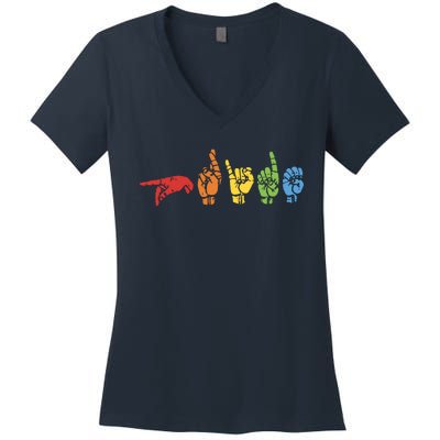 Sign Language Funny Rainbow Flag Gay LGBT Deaf ASL Mute Gift Women's V-Neck T-Shirt