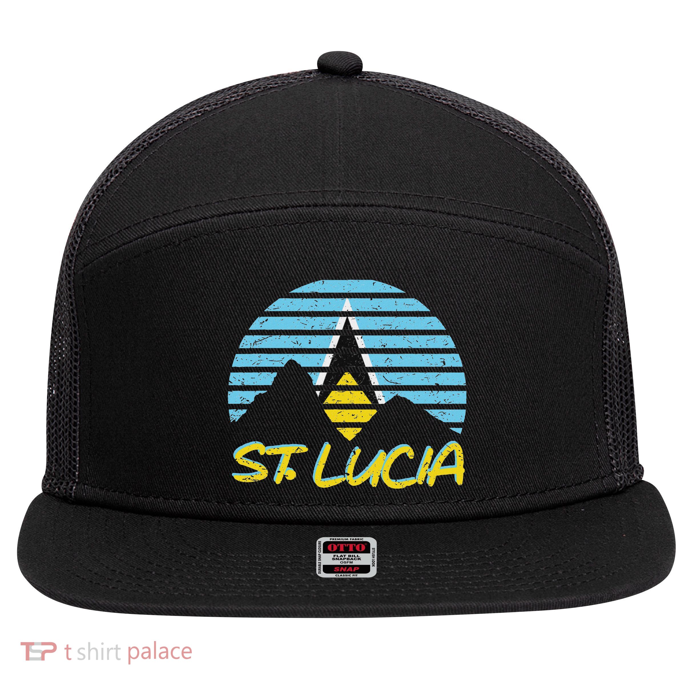 St. Lucia Flag Sunset Pitons Patriotic Vintage Souvenir Gift 7 Panel Mesh Trucker Snapback Hat