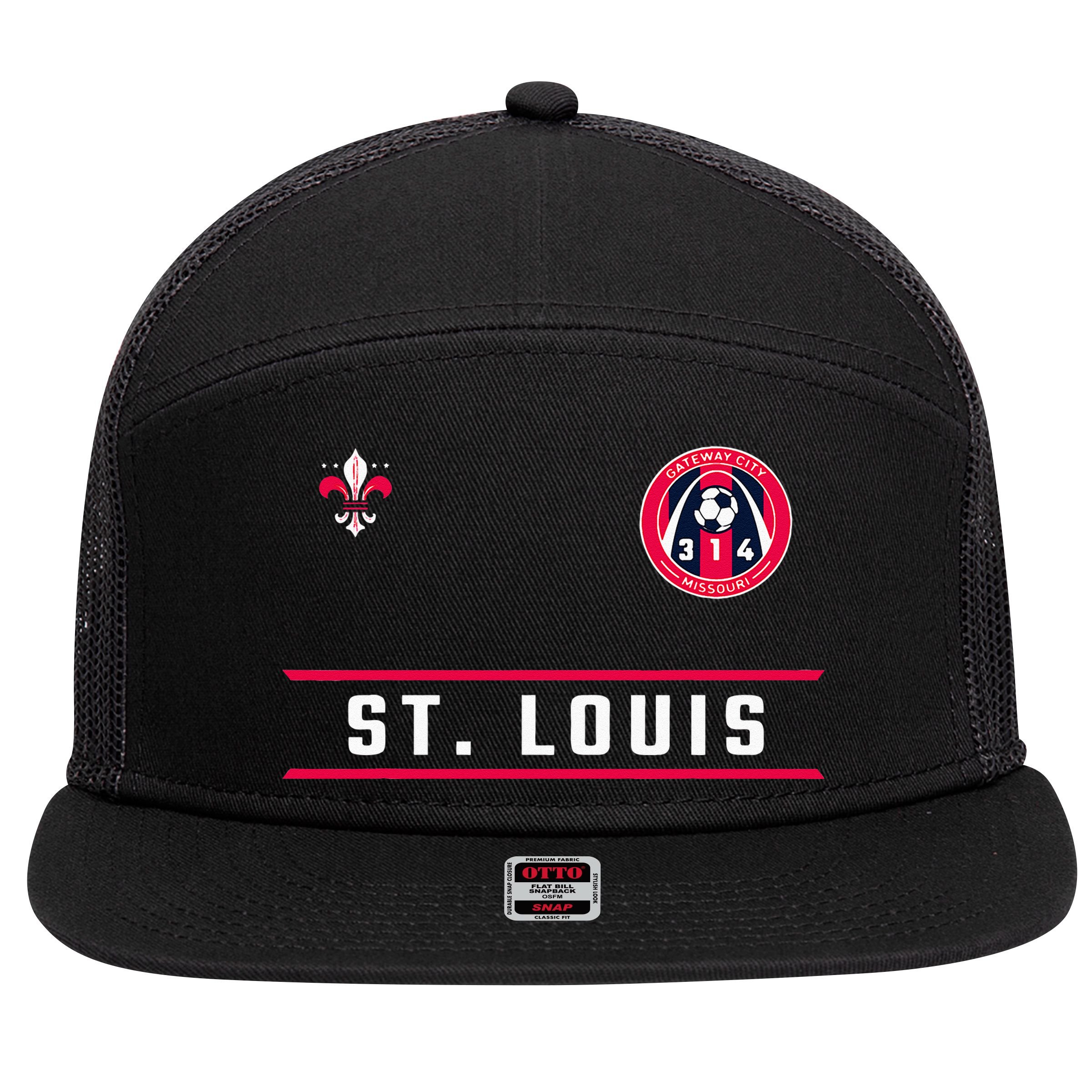 St Louis Gateway Arch Skyline 314 Fleur De Lis Badge Banner 7 Panel Mesh Trucker Snapback Hat