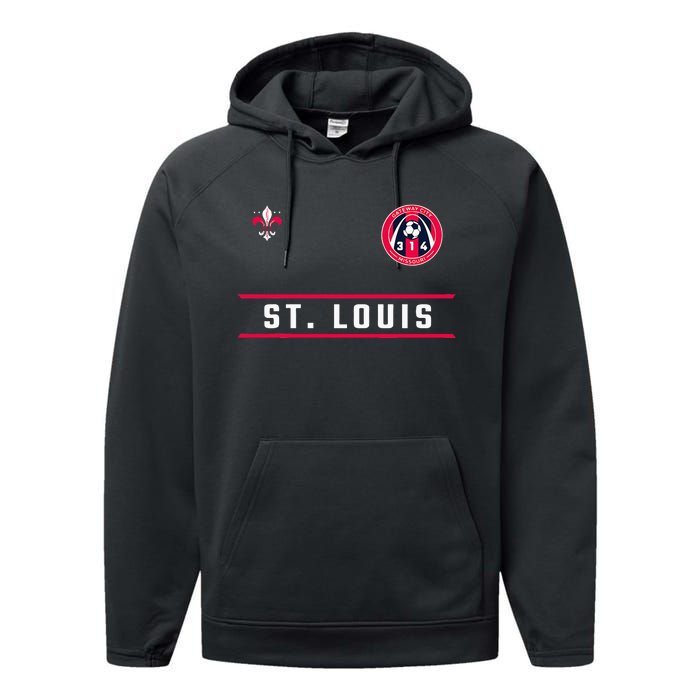 St Louis Gateway Arch Skyline 314 Fleur De Lis Badge Banner Performance Fleece Hoodie