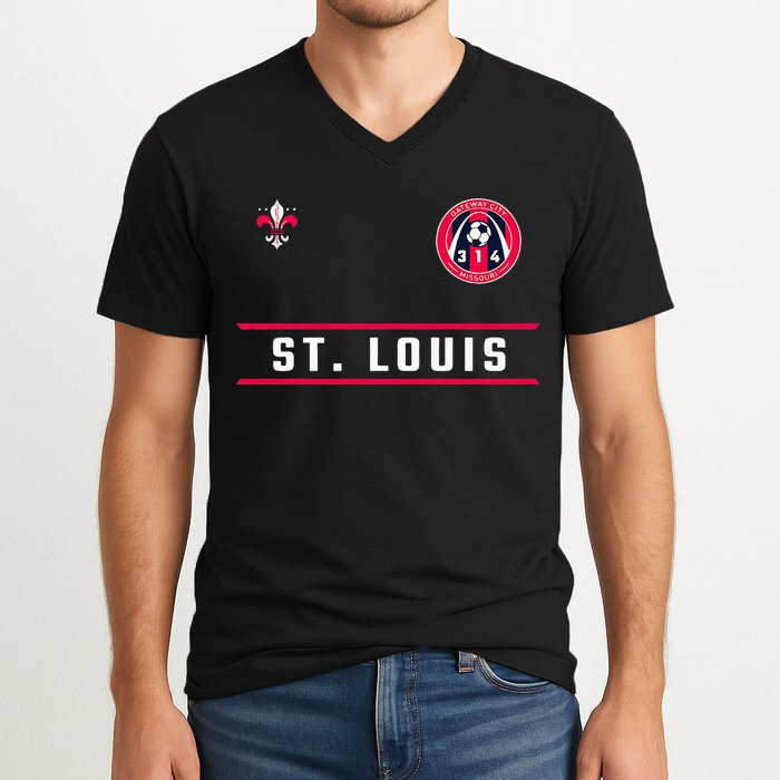 St Louis Gateway Arch Skyline 314 Fleur De Lis Badge Banner V-Neck T-Shirt