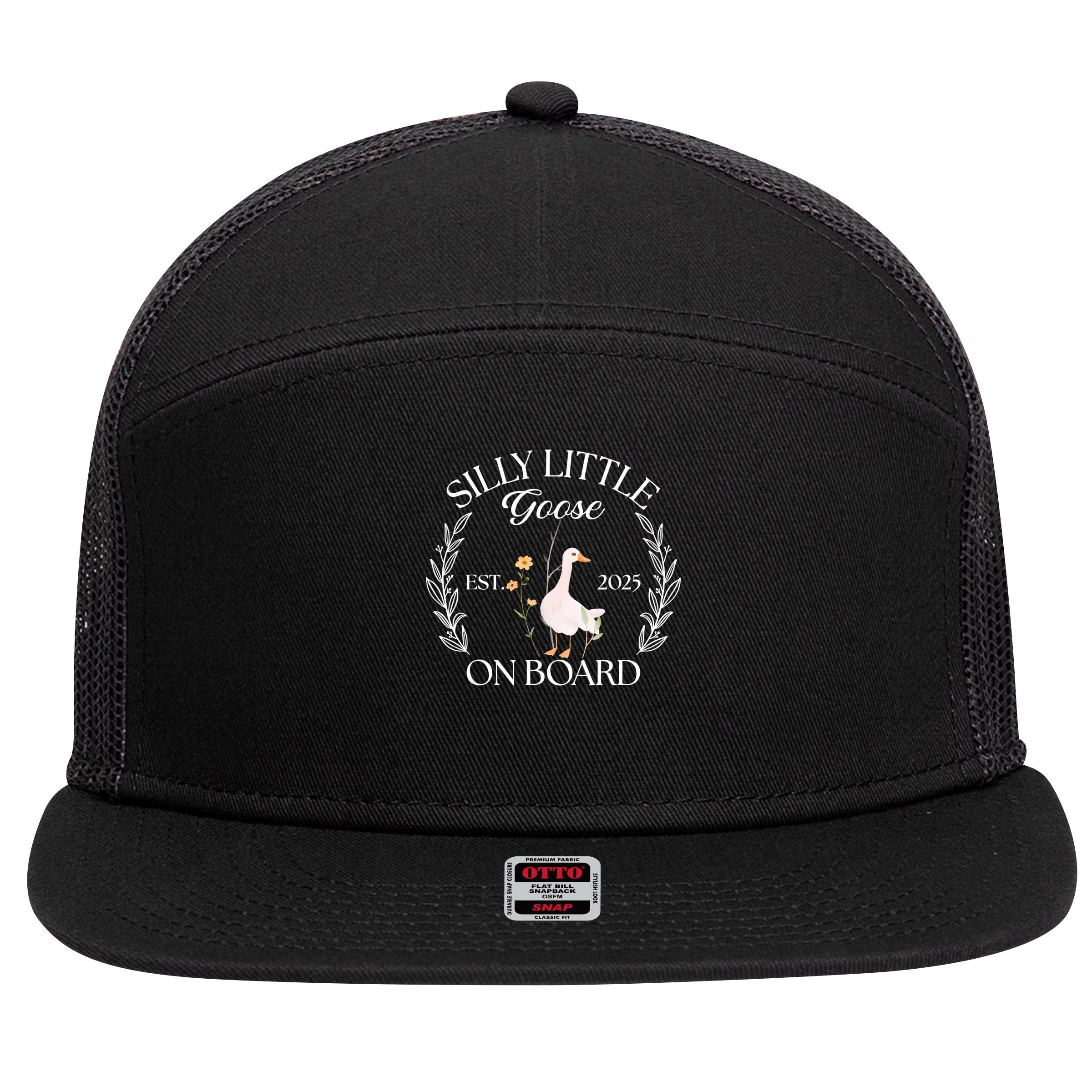 Silly Little Goose On Board EST 2025 Pregnancy Announcement 7 Panel Mesh Trucker Snapback Hat