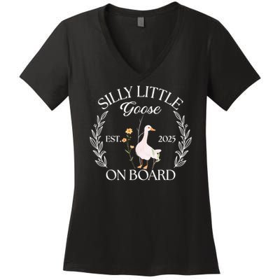 Silly Little Goose On Board EST 2025 Pregnancy Announcement Women's V-Neck T-Shirt