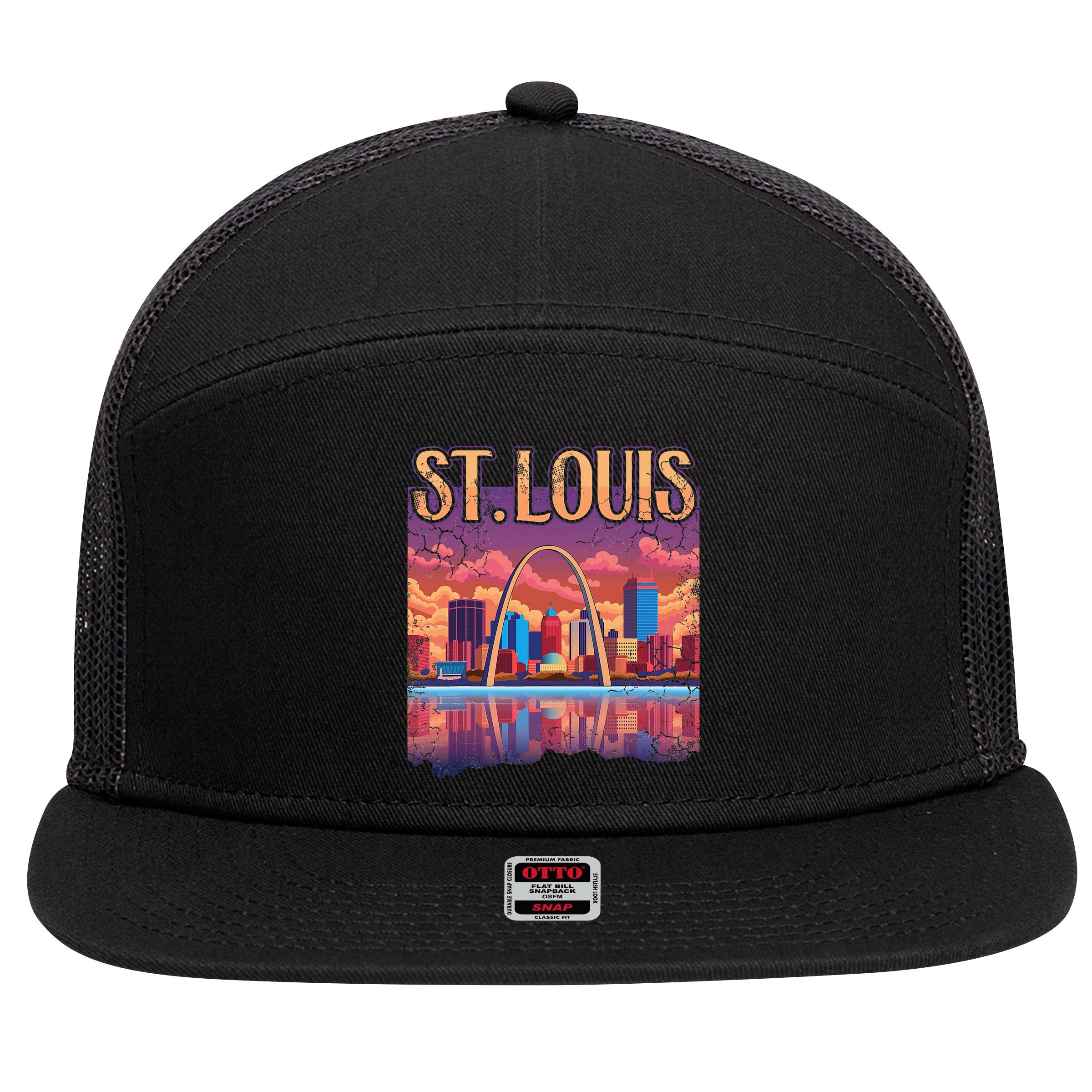 St Louis Gateway Arch Missouri Cityscape Skyline 7 Panel Mesh Trucker Snapback Hat