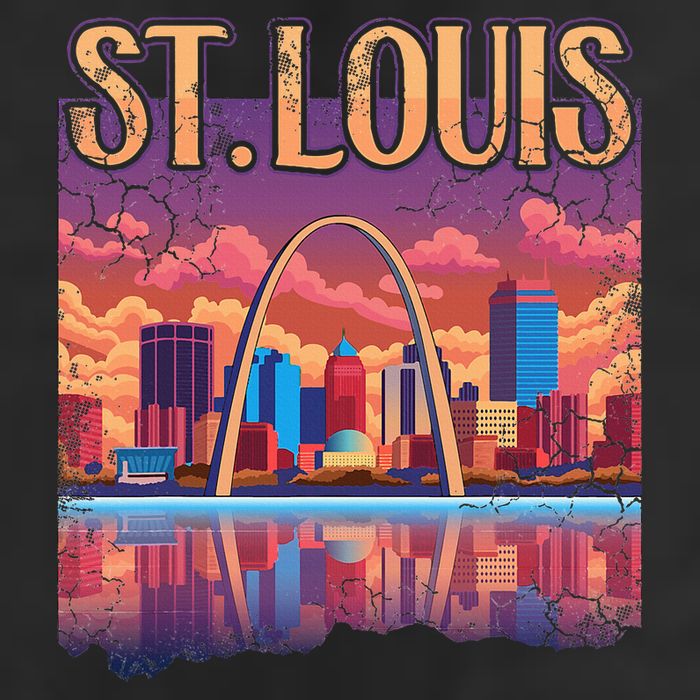 St Louis Gateway Arch Missouri Cityscape Skyline 7 Panel Mesh Trucker Snapback Hat