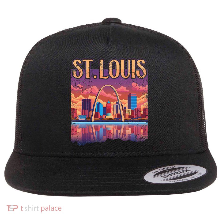 St Louis Gateway Arch Missouri Cityscape Skyline Flat Bill Trucker Hat