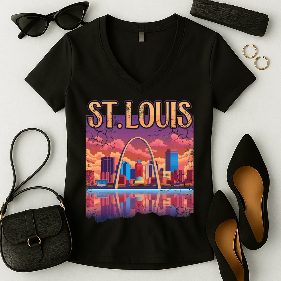 St Louis Gateway Arch Missouri Cityscape Skyline Women's V-Neck T-Shirt