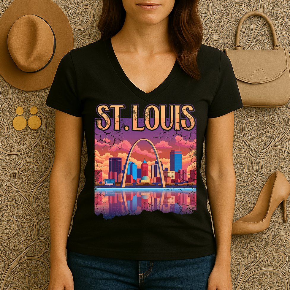 St Louis Gateway Arch Missouri Cityscape Skyline Women's V-Neck T-Shirt