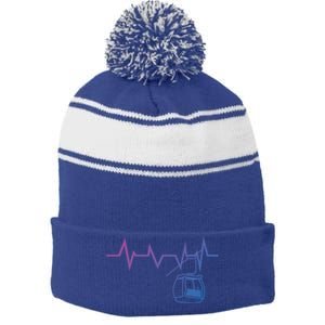 Ski Lift Heartbeat Design Skier Skiing Gift Stripe Pom Pom Beanie