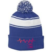 Ski Lift Heartbeat Design Skier Skiing Gift Stripe Pom Pom Beanie