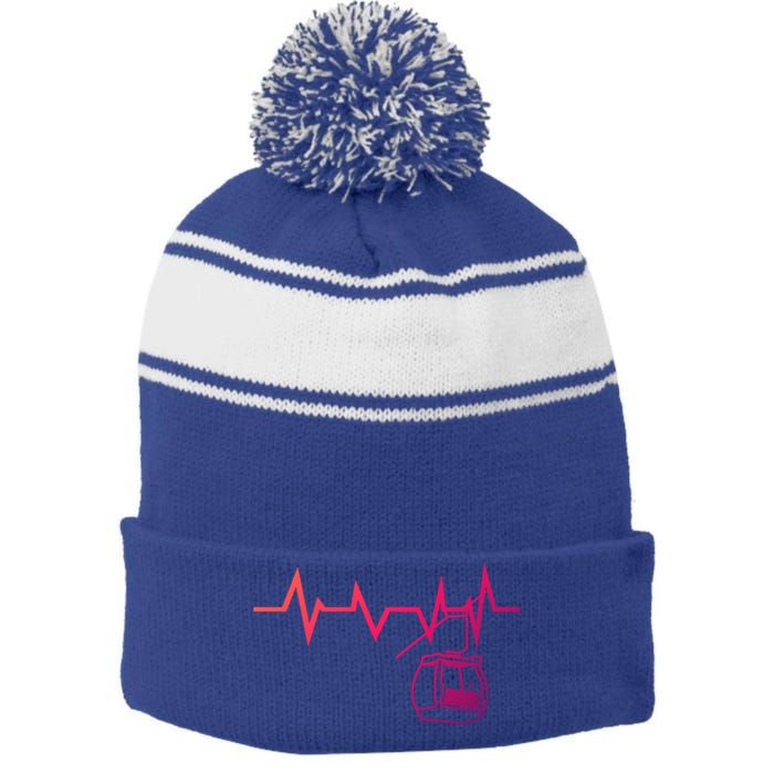 Ski Lift Heartbeat Design Skier Skiing Gift Stripe Pom Pom Beanie