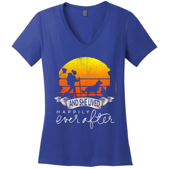 She Lived Happily Ever After Camping Hiking Dog Lover Gift Women's V-Neck T-Shirt