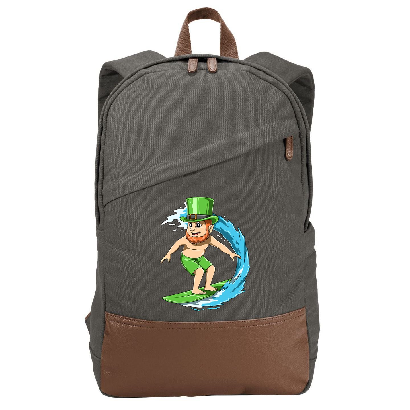 Surfing Leprechaun Hawaiian Irish St Patrick's Day Surfers Gift Cotton Canvas Backpack