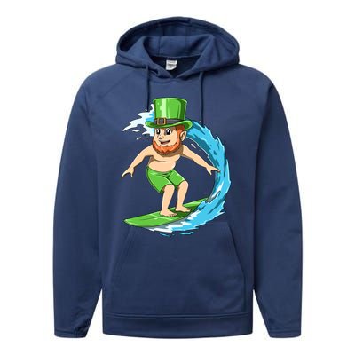 Surfing Leprechaun Hawaiian Irish St Patrick's Day Surfers Gift Performance Fleece Hoodie