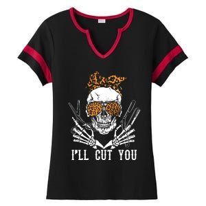 Skull Leopard Hairdresser ILl Cut You Halloween Ladies Halftime Notch Neck Tee