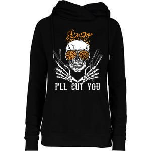 Skull Leopard Hairdresser ILl Cut You Halloween Womens Funnel Neck Pullover Hood