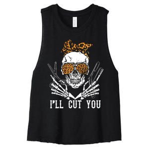 Skull Leopard Hairdresser ILl Cut You Halloween Women's Racerback Cropped Tank