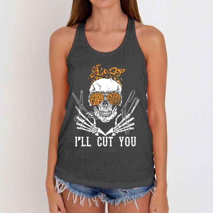 Skull Leopard Hairdresser ILl Cut You Halloween Women's Knotted Racerback Tank