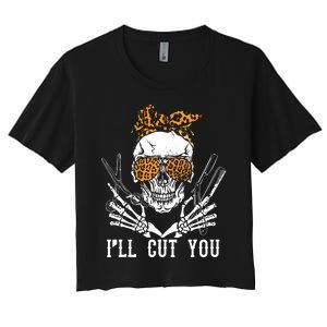 Skull Leopard Hairdresser ILl Cut You Halloween Women's Crop Top Tee