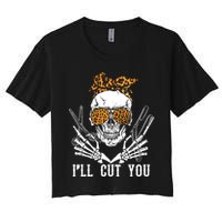 Skull Leopard Hairdresser ILl Cut You Halloween Women's Crop Top Tee