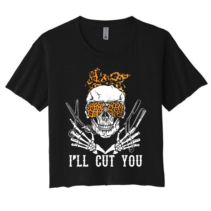 Skull Leopard Hairdresser ILl Cut You Halloween Women's Crop Top Tee