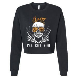 Skull Leopard Hairdresser ILl Cut You Halloween Cropped Pullover Crew