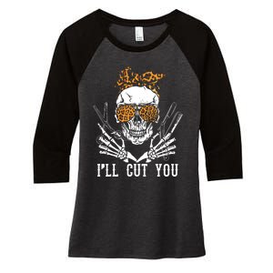 Skull Leopard Hairdresser ILl Cut You Halloween Women's Tri-Blend 3/4-Sleeve Raglan Shirt