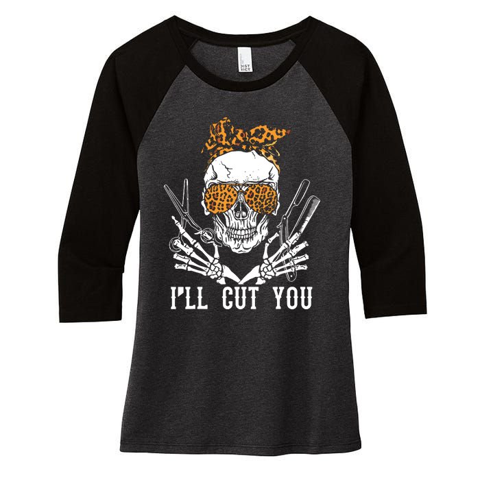 Skull Leopard Hairdresser ILl Cut You Halloween Women's Tri-Blend 3/4-Sleeve Raglan Shirt