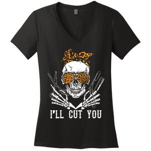 Skull Leopard Hairdresser ILl Cut You Halloween Women's V-Neck T-Shirt