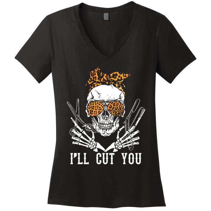 Skull Leopard Hairdresser ILl Cut You Halloween Women's V-Neck T-Shirt