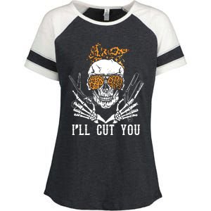 Skull Leopard Hairdresser ILl Cut You Halloween Enza Ladies Jersey Colorblock Tee