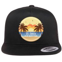 St Lucia Is My Happy Place Fun Beach Vacation Palm Trees Su Meaningful Gift Flat Bill Trucker Hat