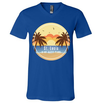 St Lucia Is My Happy Place Fun Beach Vacation Palm Trees Su Meaningful Gift V-Neck T-Shirt